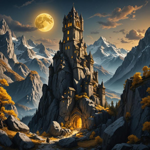 Mammoth stone tower in the Alps under yellow moon.jpg