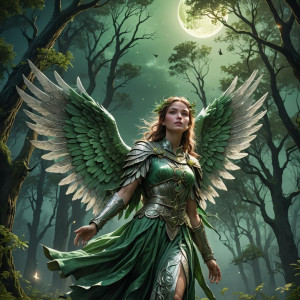 Female angelic being in the forest under full round green moon.jpg