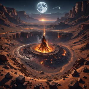 Ascending fire in deep pit in Arizona desert under full round moon.jpg