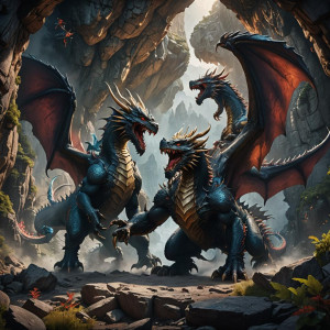 Two giant fierce dragons fighting in the mountain cave.jpg