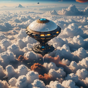 Egg-shaped alien spaceship over thick beautiful white clouds.jpg