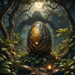Giant demonic egg in the jungle under full round golden moon.jpg
