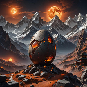 Giant demonic egg in the Himalayas under full round orange moon.jpg