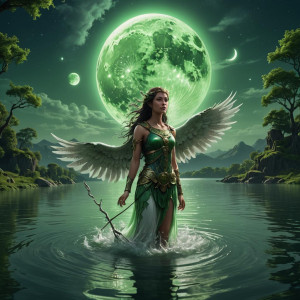 Female angelic being in the lake under full round green moon.jpg