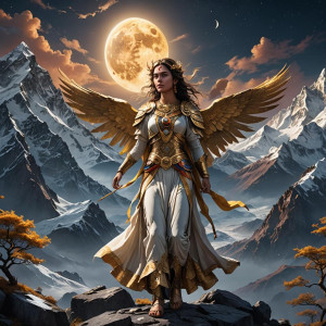 Female angelic being in the Himalayas under full round golden moon.jpg