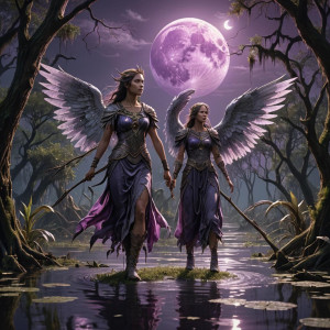 Female angelic being in the Louisiana swamp under full round purple moon.jpg