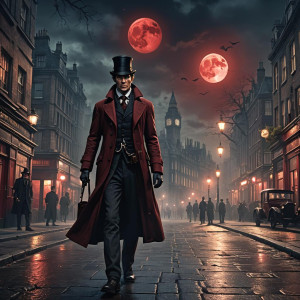 Sherlock Holmes on the street of Victorian London under full round blood-red moon.jpg