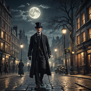 Doctor Watson on the street of Victorian London under full round moon.jpg