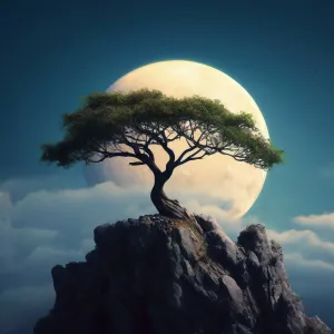 Дерево на утесе на фоне огромной круглой Луны.webp